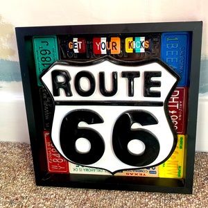 Route 66 3D Wood Metal Plastic Wall Art Framed Mini Licence plates 15"x15"x2"